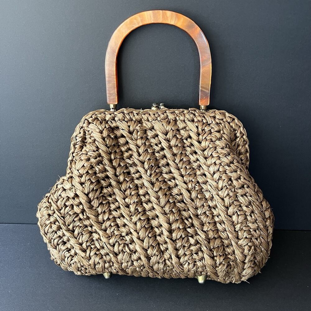 Vintage ADG Brown Braided Raffia Shoulder Purse Tortoise-Shell Lucite Handle